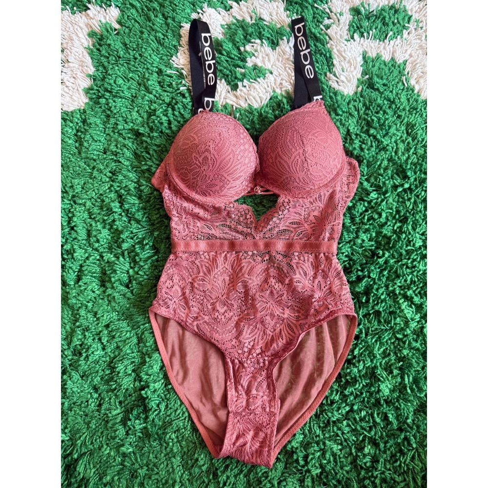 Bebe Bodysuit Womens‎ Small Rose Pink Excellent Lace Logo Strap Underwire Teddy
